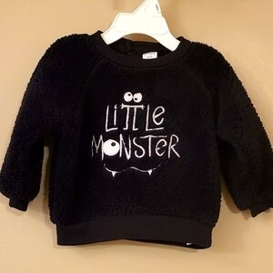 "Little Monster" black fleece embrodiered pullover sweater
